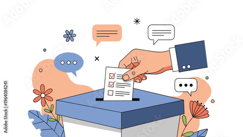 Hand putting paper ballot with check marks into a voting box as symbol of democracy and personal election choice.