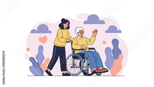 Kind young woman pushing an elderly woman in a wheelchair outdoors with clouds and hearts in the background.