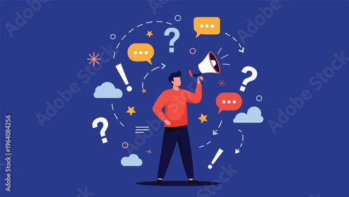 Man shouting into megaphone with various symbols of speech and many questions for creative public communication.