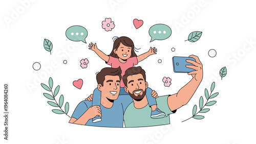 Happy gay couple with child taking a selfie with a smartphone among colorful hearts and flowers symbols.