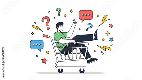 Man sitting in shopping cart and pointing up with various icons representing personal choice and retail business.