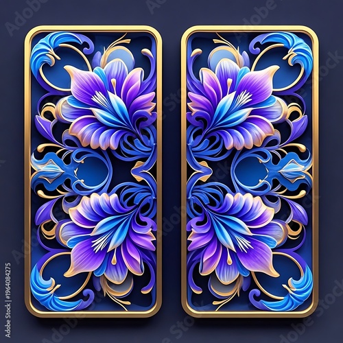 Two vertical rectangular panels with ornate blue and purple floral filigree
