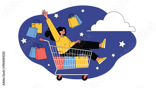 Happy woman riding in a shopping cart full of bags under a beautiful starry night sky with some white clouds.