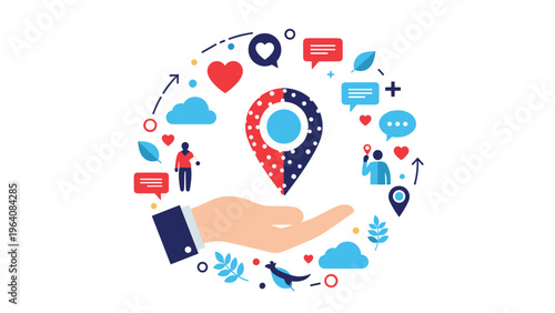 Hand holding map pin icon surrounded by various social media and modern location based service symbols.