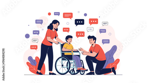 Community support for disabled child in a wheelchair with mother talking to a social worker among messages.