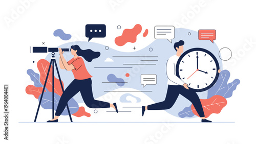 Man carrying a large clock while a woman looks through a telescope at stars and speech bubbles representing vision and time management.