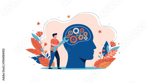 Man using a wrench to adjust gears inside a human head profile representing mental health support and psychological development.