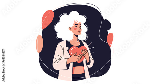 Beautiful woman with curly white hair holding a red heart symbol to her chest expressing self love and emotional wellbeing.