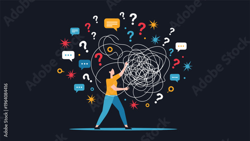 Woman untangling a messy knot of lines surrounded by question marks, speech bubbles, and symbols representing problem solving and logic.