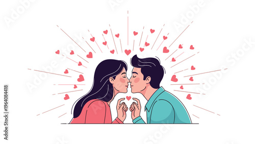 Romantic couple about to share a sweet kiss surrounded by floating heart symbols and glowing light rays representing love.
