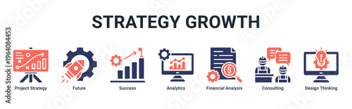 Strategy Growth web banner icon vector illustration with icons of Project Strategy,Future,Success,Analytics,Financial Analysis,Consulting and Design Thinking