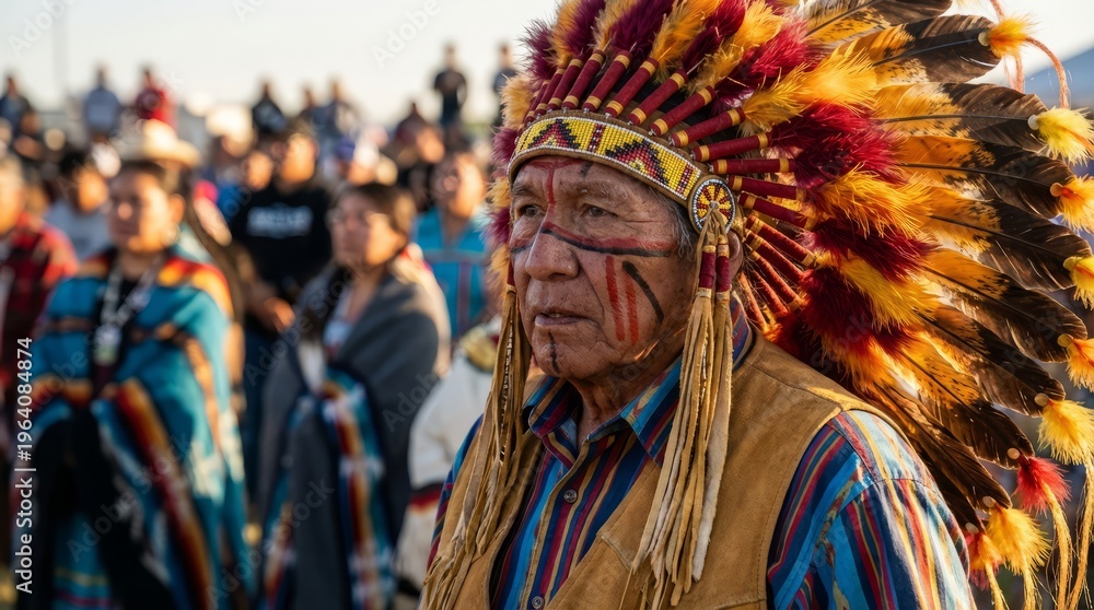 Obraz premium Elderly Man Wearing Traditional Feathered Headdress at Gathering.