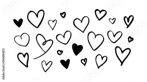Hand-drawn black heart sketches scattered on white background in studio light