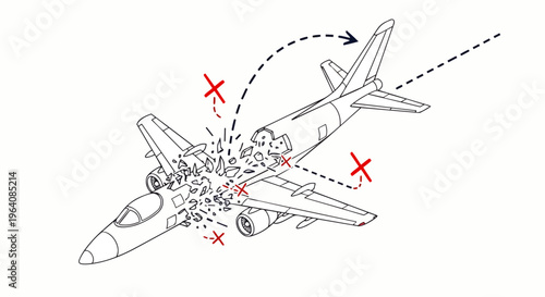 airplane crash and aircraft accident showing a mid-air explosion from structural failure an aviation disaster concept