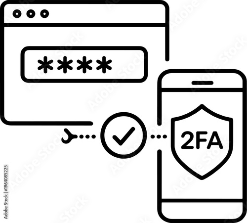 Two-Factor Authentication Line Art Illustration - Secure Login Process Icon, Password Entry and Mobile Verification Symbol