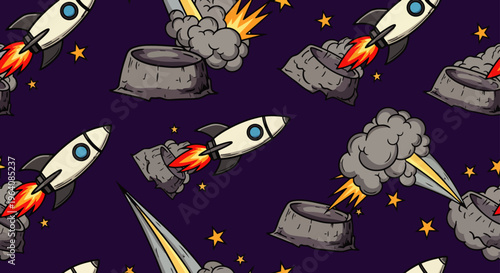 cartoon rockets launching from craters in a seamless space pattern showcasing cosmic adventure and sci-fi design for playful backgrounds.