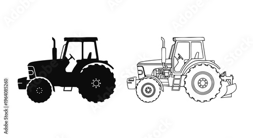 Vector illustration of set of tractor icons, silhouette and line art style