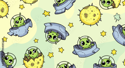 cute alien babies seamless pattern features cartoon green aliens flying in spaceships emerging from moon eggs ideal for kids cosmic designs.