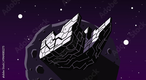 geometric crystal structures protrude from a dark asteroid or moon evoking a mysterious alien space base in deep space