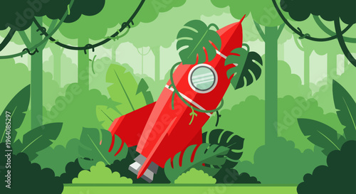 red rocket spaceship found overgrown in a lush green jungle symbolizing lost exploration and the embrace of nature