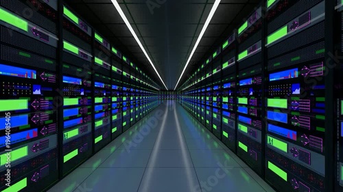 Futuristic 3D Data Center Animation with Glowing Neon Servers