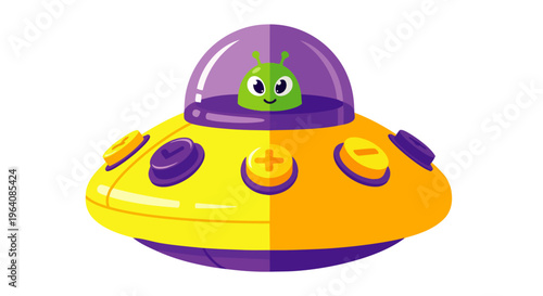 a cute green alien piloting a vibrant yellow and purple ufo spaceship a playful cartoon illustration for kids space adventures.