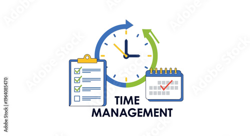 Time management, productivity icons, vector set, clock calendar checklist