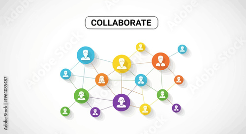 Collaboration, teamwork, and networking concept, colorful people icons connected by lines, business partnership and communication