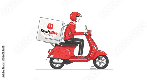 Food delivery rider on red scooter, Swift delivery concept, vector illustration, red uniform, motorcycle courier