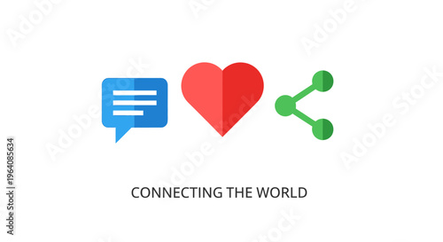 Social media icons, communication symbols, heart, speech bubble, share button, vector graphics