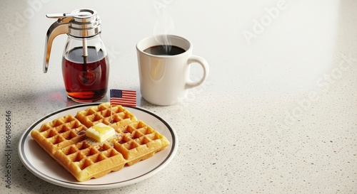 Breakfast table with waffle and coffee.