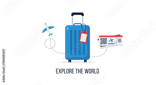 Travel, exploration, blue luggage, adventure, tourism icons