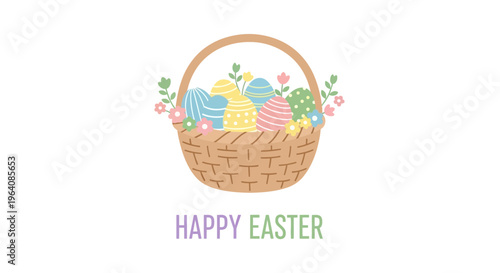 Easter basket, colorful eggs, floral decoration, Happy Easter greeting, springtime illustration