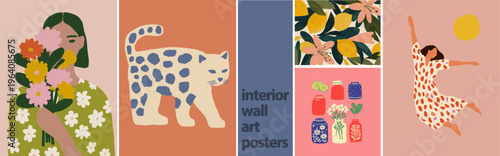 Modern abstract wall art vector set with woman portrait, leopard, flowers and decorative elements. Minimalist boho style, trendy colors, abstract floral figures for poster, card