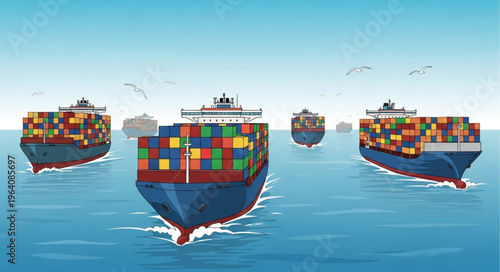 Cargo Ships Transporting Containers Across the Ocean.
