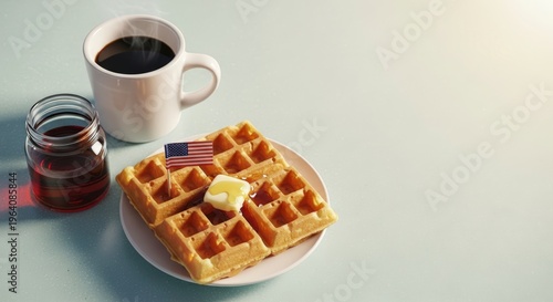 Breakfast table with waffle and coffee.