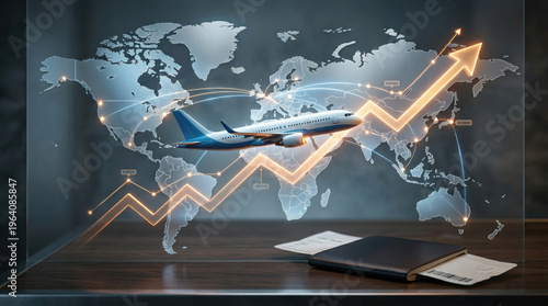 Global Travel Growth Concept with Airplane, World Map, and Upward Trend Data