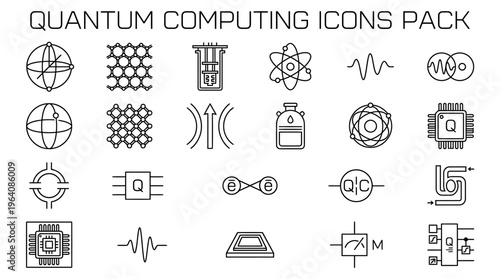 A comprehensive vector icon pack illustrating various concepts, elements, and ideas within quantum computing, physics, and advanced technology.