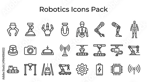 Collection of distinct black line icons representing various concepts within the modern field of robotics technology