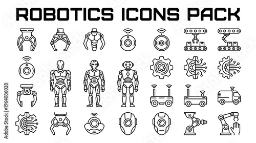 Detailed collection of sleek, black and white line art icons representing various advanced robotics and automation concepts