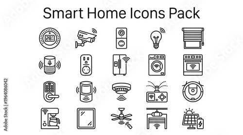 A comprehensive collection of modern smart home automation outline icons, depicting various connected devices and digital controls for intelligent living.