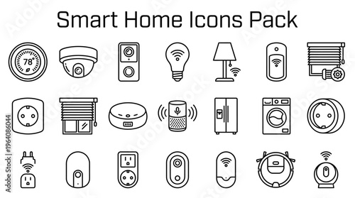 A comprehensive set of modern smart home technology icons, featuring various connected devices for automation.