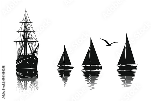 Vintage Sailboat Silhouettes with Seagull