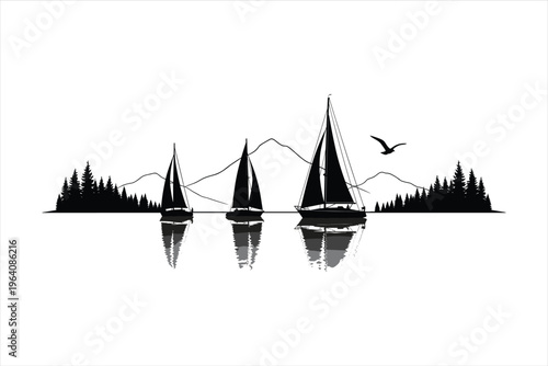 Vintage Sailboat Silhouettes with Seagull