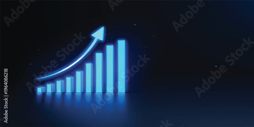 Blue business graph and financial 3d chart on a dark background illustrating market growth, stock data progress, and investment success for future economy reports