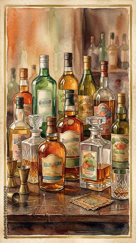Watercolor painting of numerous liquor bottles of various shapes arranged on a vintage wooden table, in the style of an old advertising poster.