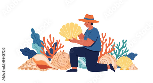 Joyful enthusiast discovers a beautiful golden scallop shell among vibrant ocean corals and diverse marine flora, celebrating a passion for sea life collecting