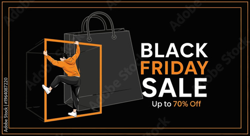 Dynamic Black Friday sale illustration with person interacting with glowing frame, highlighting exclusive discounts and offers for a modern retail event