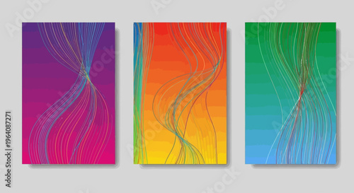 Abstract Colorful Wavy Lines on Gradients - Set of Three Vertical Digital Art Designs