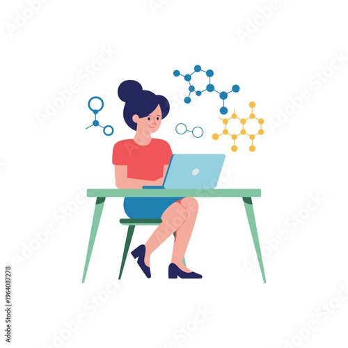 A woman sitting at a desk with a laptop and science symbols around her